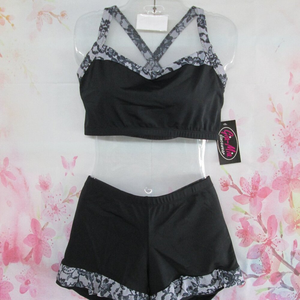 Sports Bra Crop Top & Shorts Set XL Adult Dance Yoga Fitness Black Grey Gia Mia